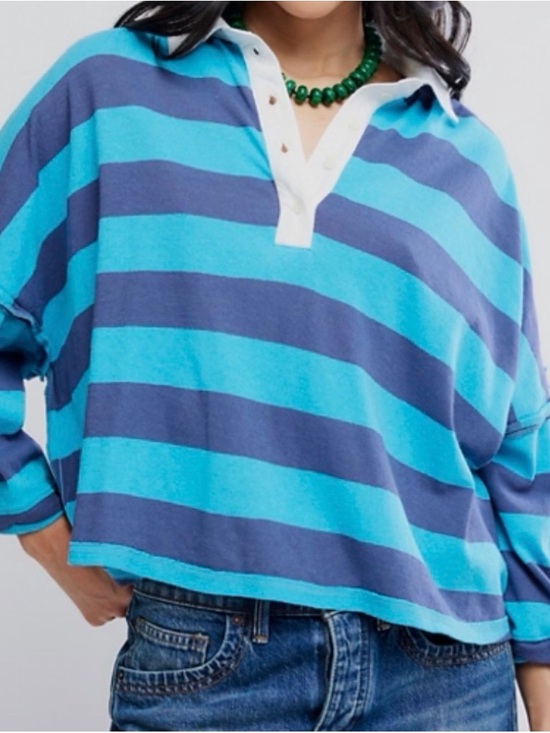 Free People Tops - Free People Blue and Teal Striped Rugby Top